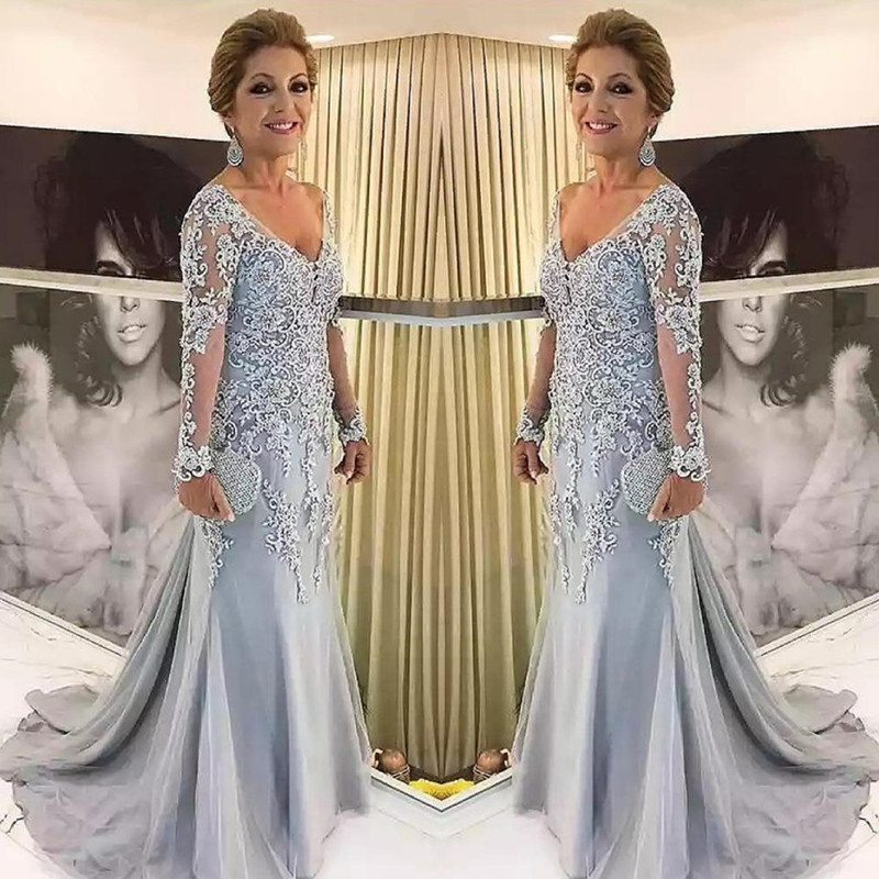 Elegant Blue Silver Mother of the Bride Dresses Long Sleeves V Neck Godmother Evening Dress Wedding Party Guest Gowns New Plus Size