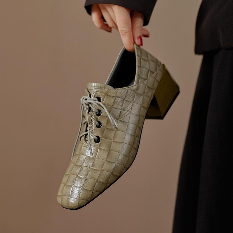 Dress Shoes QZYERAI Woman Heels Oxford Genuine Leather Spring Lace-up Ladies Pumps High Loafers Womens Casual