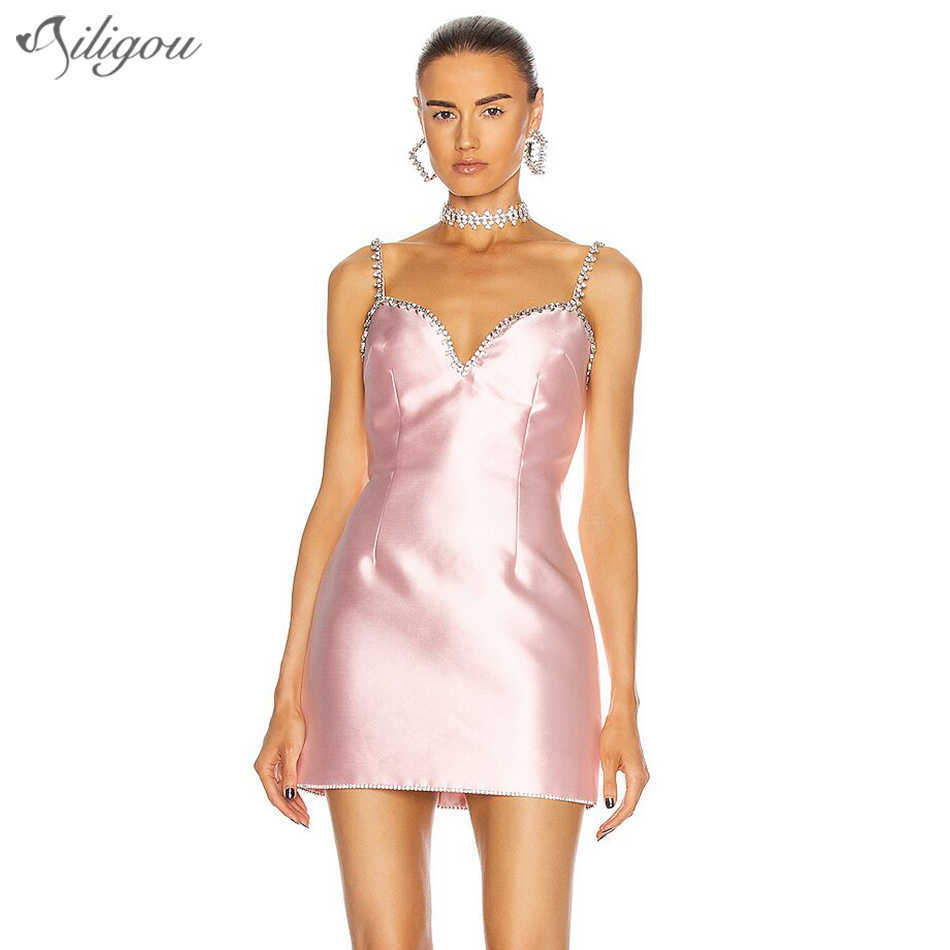 High Quality Glitter Diamond Dress Ladies V Neck Spaghetti Strap Mini Sexy Party Club Summer Satin Vestido 210527
