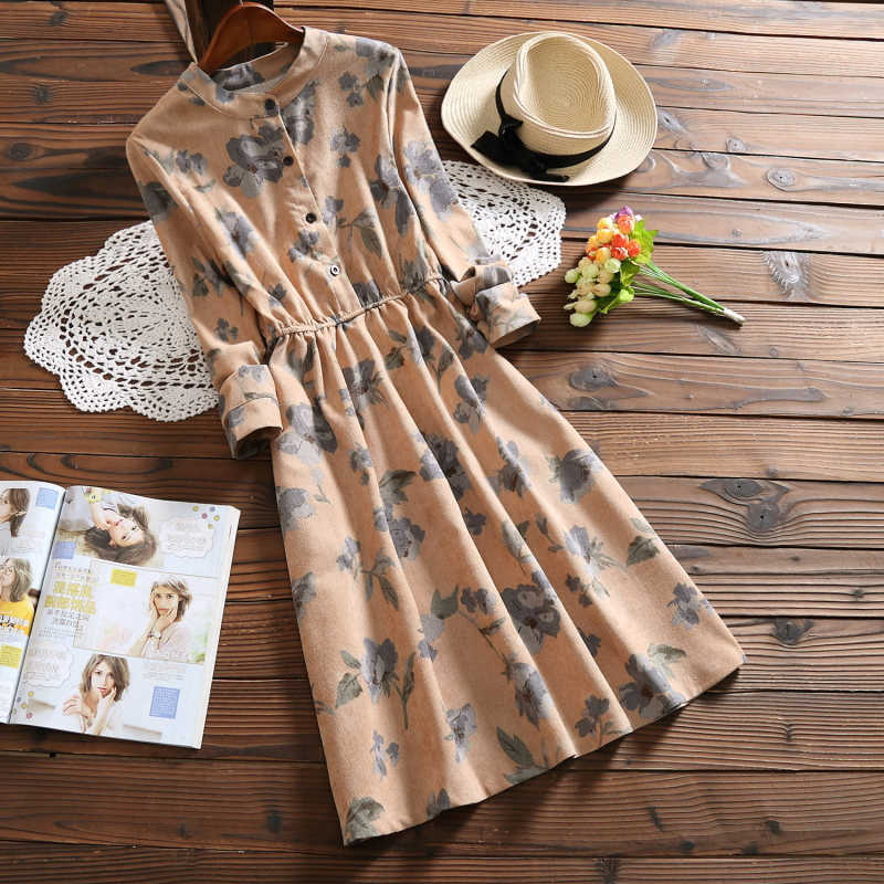 Spring Autumn Vintage Floral Printed Women Dress Long Sleeve Corduroy Button Knee Length Women Dress Vestidos 7426 50 210528