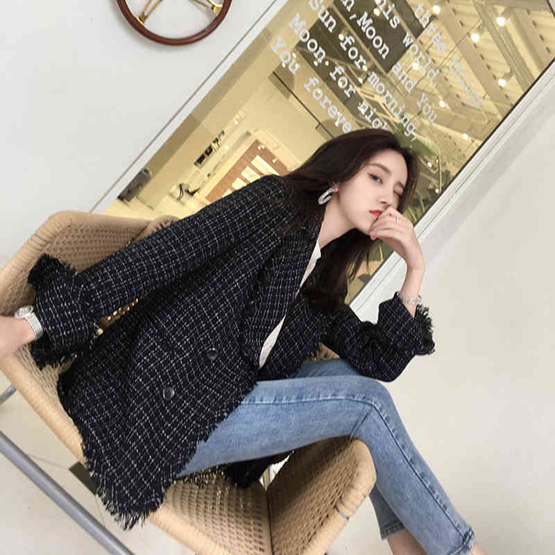 Women Blazer Casual Office Plaid Jacket Autumn Notched Collar Long Sleeve Tweed Suit Ladies Jackets Double Breasted Blazer Coat 210414