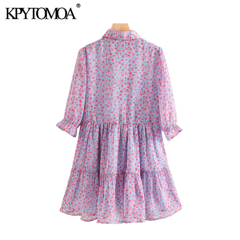 Women Sweet Fashion Floral Print Ruffled Mini Dress Lapel Collar Short Sleeve Female Dresses Vestidos 210420