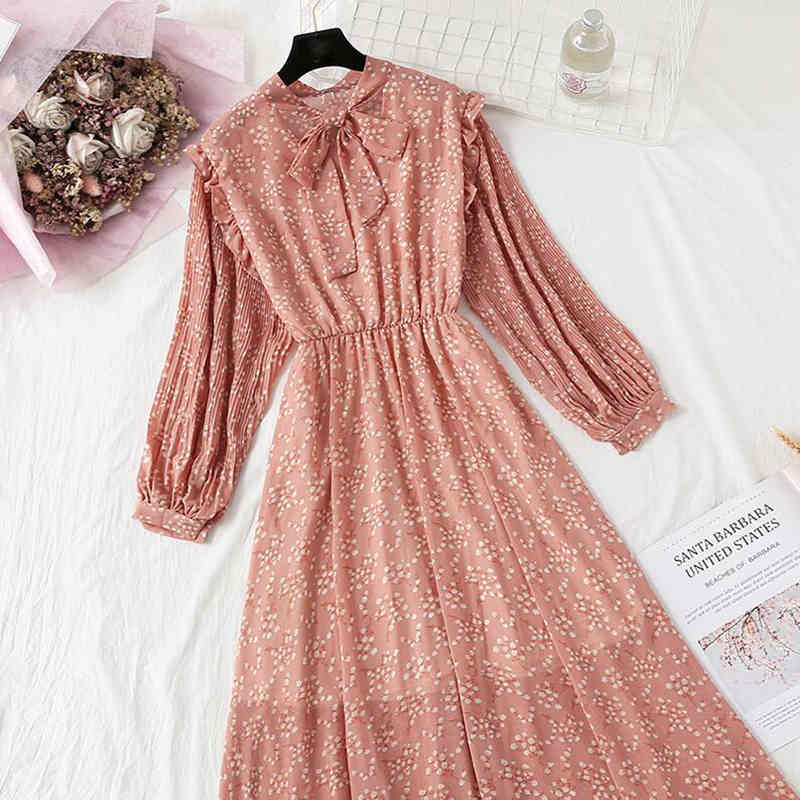 Autumn Elegant Women Chiffon Midi Dress Vintage Bow Floral Print Long Sleeve Dress Elastic Waist Office Lady Casual Dresses 210521