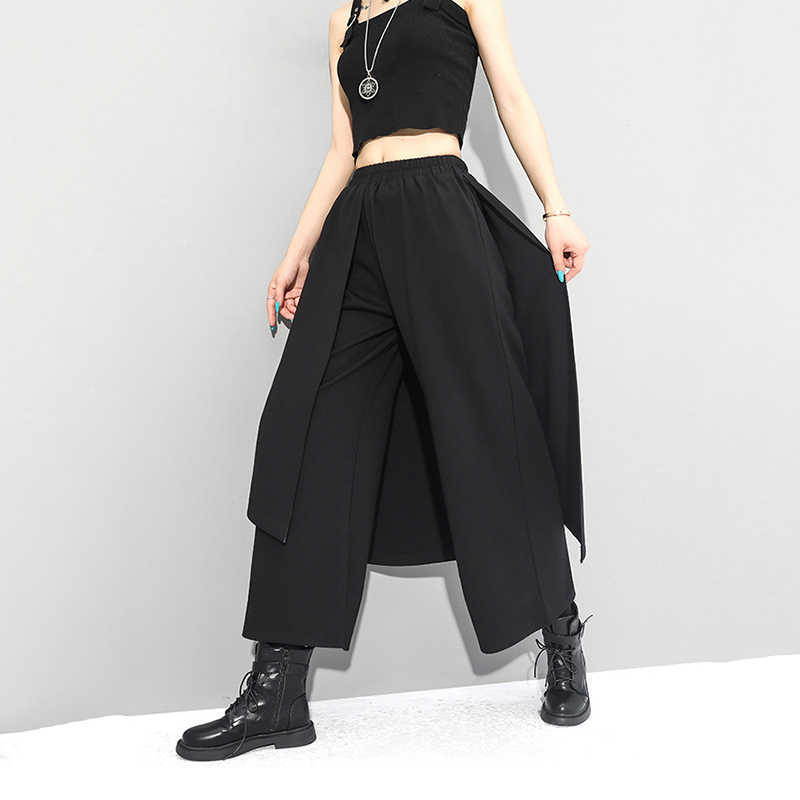[EAM] High Elastic Waist Black Irregular Long Wide Leg Trousers Loose Fit Pants Women Fashion Spring Autumn 1Z289 211115