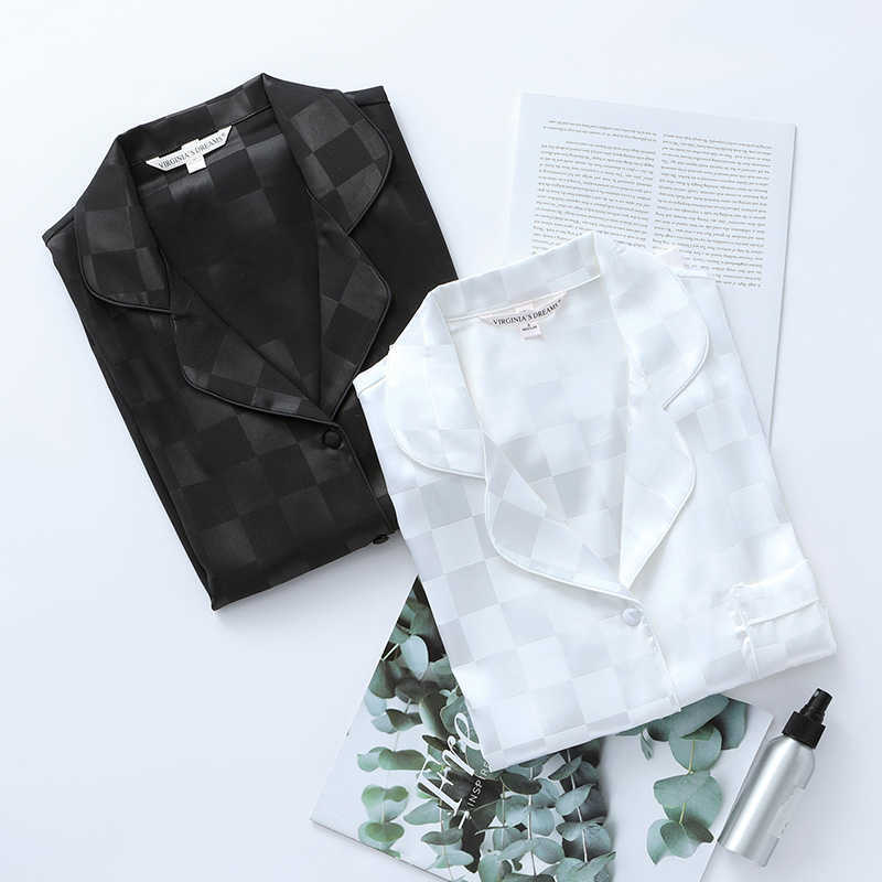 Women Satin Plaid Sleepwear Pajamas Casual Nightwear Lounge Wear Soft Intimate Lingerie Pyjamas 2PCS Shirt&Pants Q0706