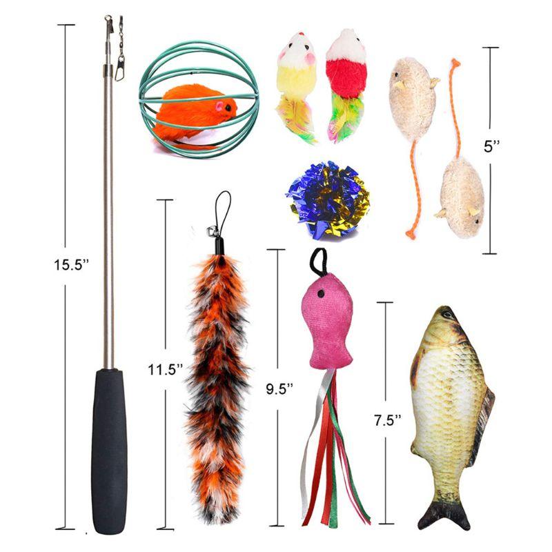 Cat Toys 11Pcs Pet Set Retractable Teaser Wand Catnip Fish Feather Balls Mice Toy