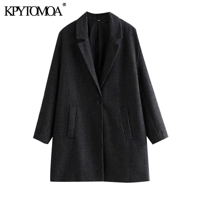 Women Fashion Single Button Loose Check Woolen Coat Vintage Long Sleeve Back Vents Female Outerwear Chic Overcoat 210416