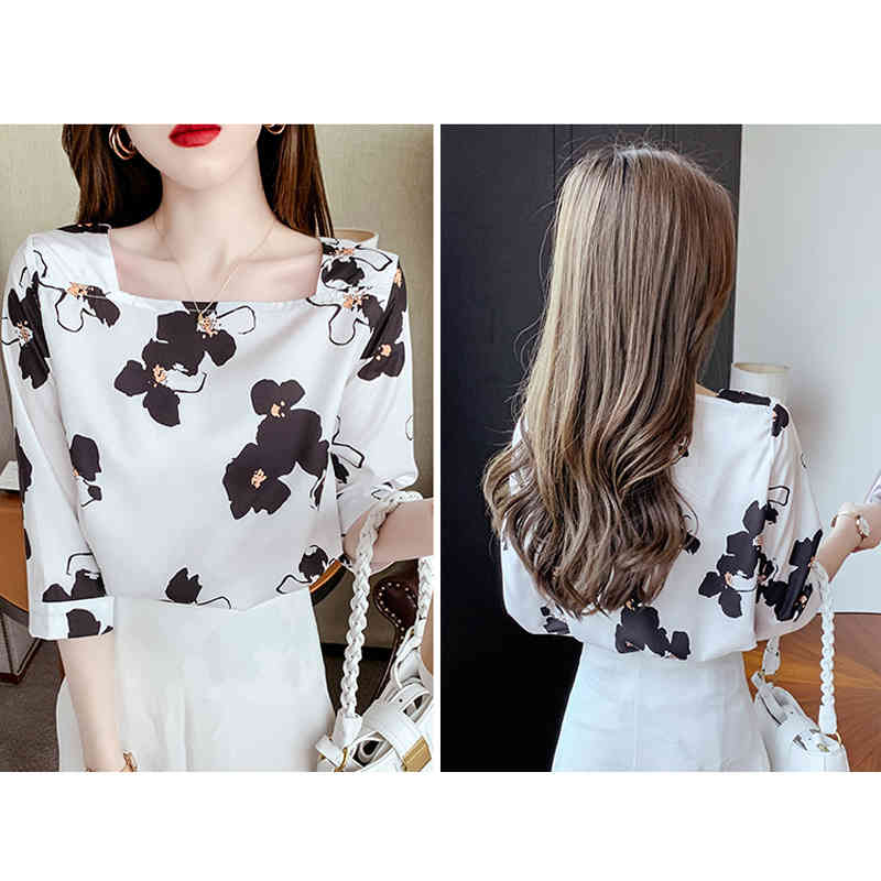 Floral Print Blouses Women Tops Square Collar Silk Fashion Temperament Clothes Summer Three Quarter Sleeve 14287 210506