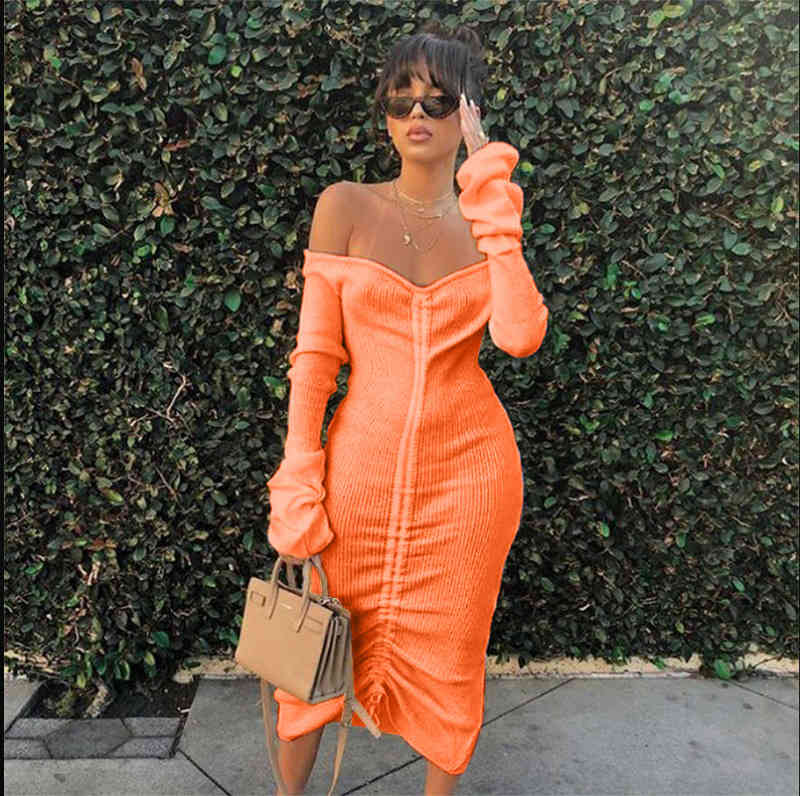 Front Drawstring Sexy Bandage Dresses Women White Slash Neck Long Sleeve Club Party Dress Autumn Winter Off Shoulder Maxi Dress 210409