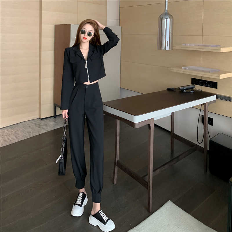vetement femme Casual Two Piece Set Women Crop Top Vintage Blazers Coat & Pants Suits 2 piece sets outfits clothing 210930