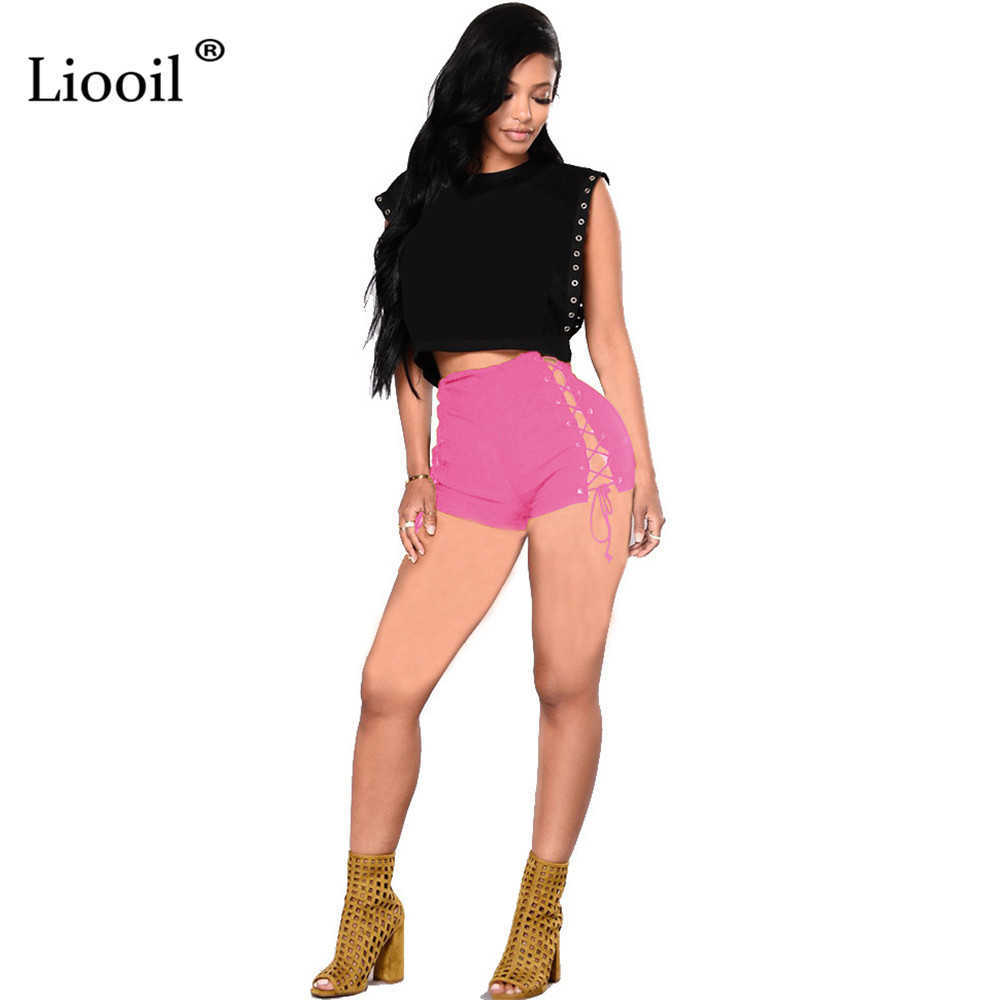 Liooil Sexy Bandage Jeans Shorts Women Rave Clothes Streetwear Hollow Out High Waist Jean Short Black Bodycon Denim 210714