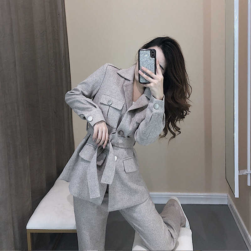Korea Solid Color Single-breasted Woman Coat Straight Trousers Ladies Office Suit Simple Fashion Autumn Winter B519 210603