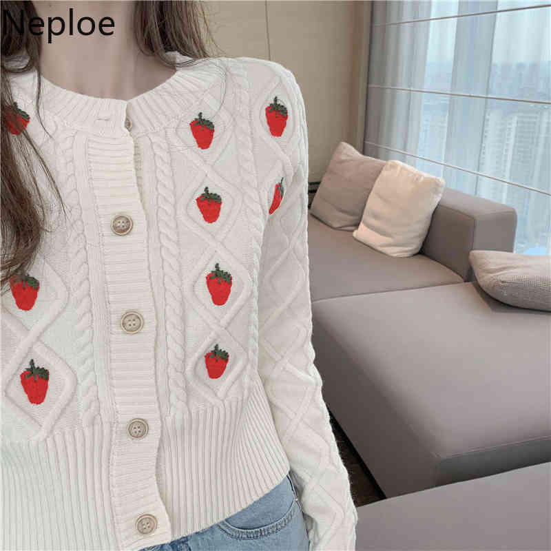 Neploe Sweater for Women Strawberry Crochet Floral Knitted Cropped Cardigan Fashion Korean Sueter Coat Fall Clothes Pull Femme 210422