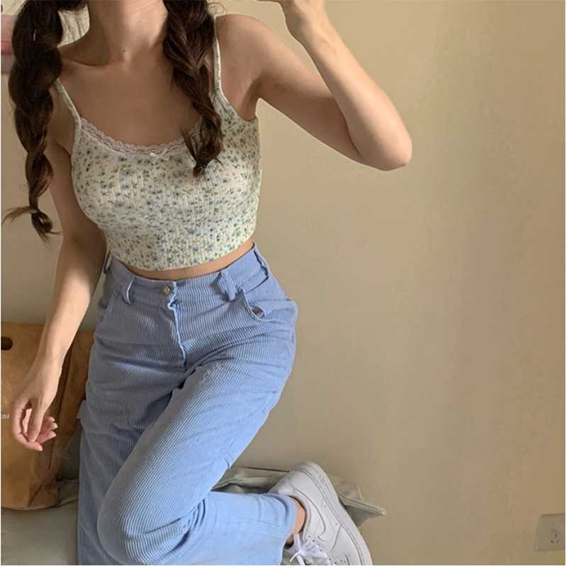 Floral Crop Top Women Summer Camisole Lace Trim Slim Tops Prairie Chic Sweet Lolita Style Outfits 210625