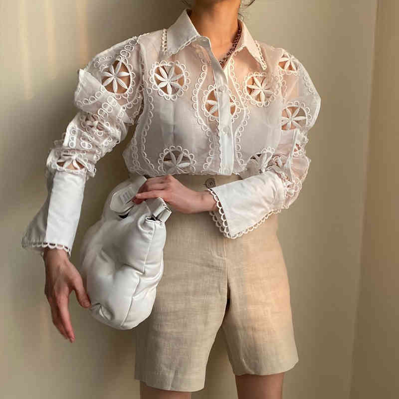 Lady Sexy See Through Long Sleeve Loose White Blouse Tops High Quality Hollow Out Floral Embroidery Elegant Shirt Chic 13369 210510