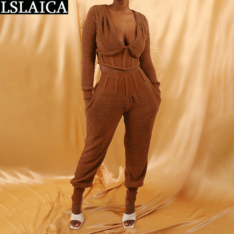 Style Trousers Deep V Top Lamb Cashmere 2 Piece Sets Elastic Waist Slim Pullover Casual Solid Color Roupas Femininas 210520