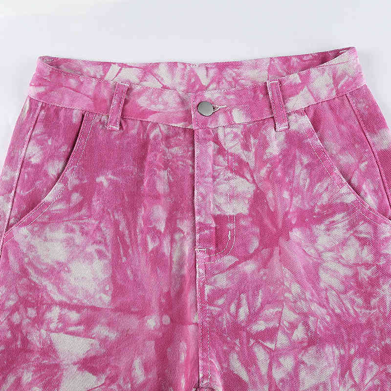 women wide leg jeans Camflouge pink big pocket high waist stright pants casual hip pop trousers 210524