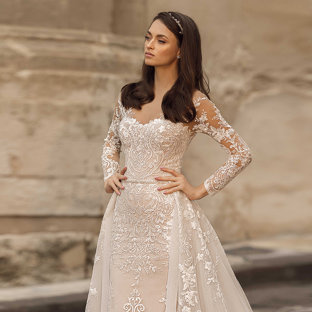 Beading Waist Appliques Long Sleeve 2 Pieces Mermaid Wedding Dresses With Detachable Train Vestido De Noiva Sereia bridal gown