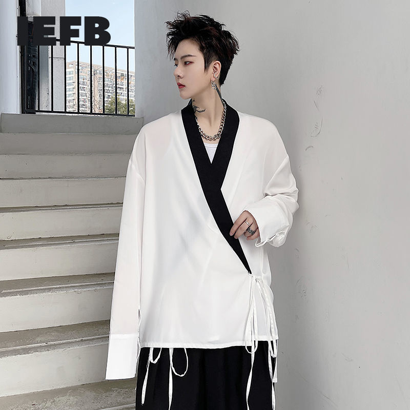 IEFB Korean Streetwear Fashion Bandage White Shirt Men's Lace Up Spring Summer Long Sleeve Fashion Loosecasual Tops 210524