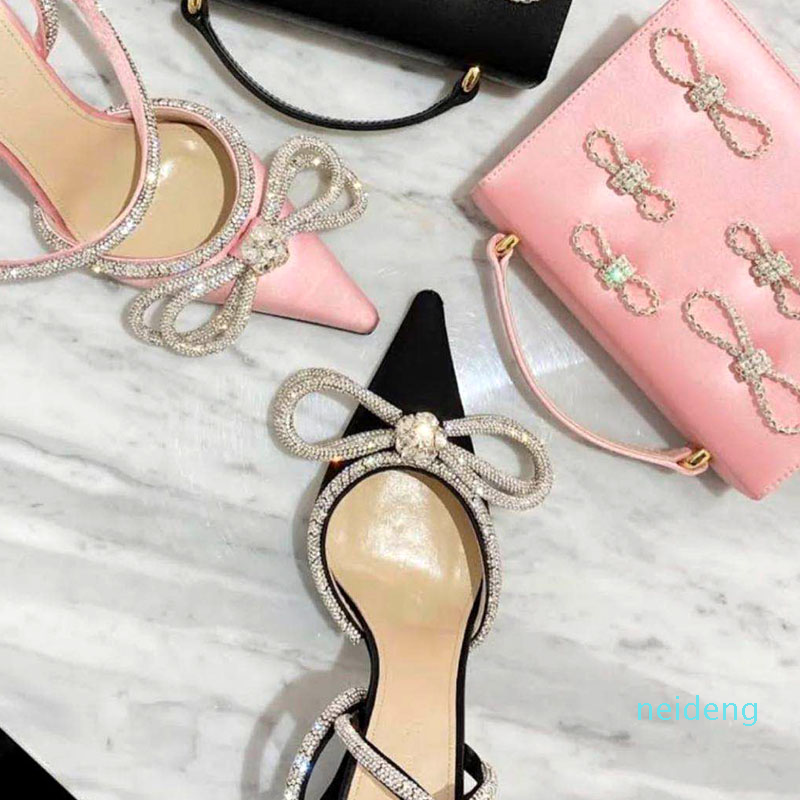 2021 style Glitter Rhinestones Women Pumps Crystal bowknot Satin Summer Lady Shoes Genuine leather High heels Party Prom Shoes