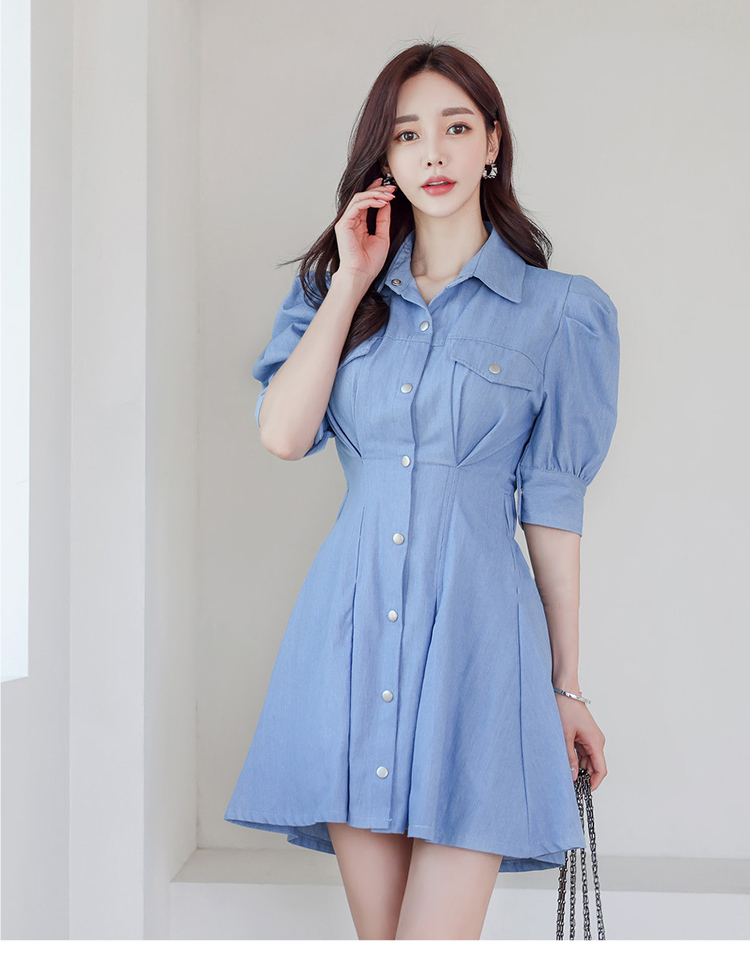 Korea Summer Fashion Denim Shirt Dress Women Elegant Lapel Puff Sleeve Casual Slim Mini Female 210519