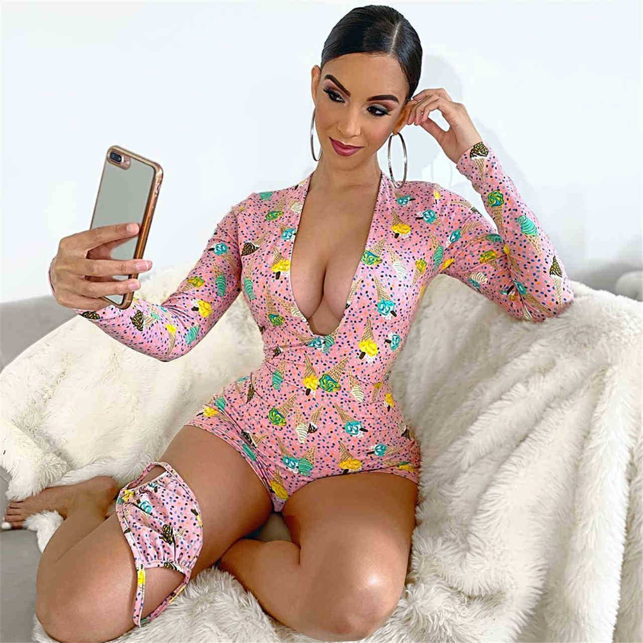 Sexy Skinny Jumpsuit Deep V-Neck Women Long Sleeved Summer Playsuits Cartoon Ice Cream Print Cute Jumpsuits 2021