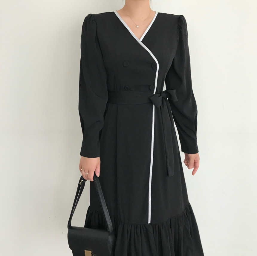 Formal Lace-up Elegant Dress Women Autumn Minimalist Fashion OL Double Breasted V-neck es Vestidos 210421