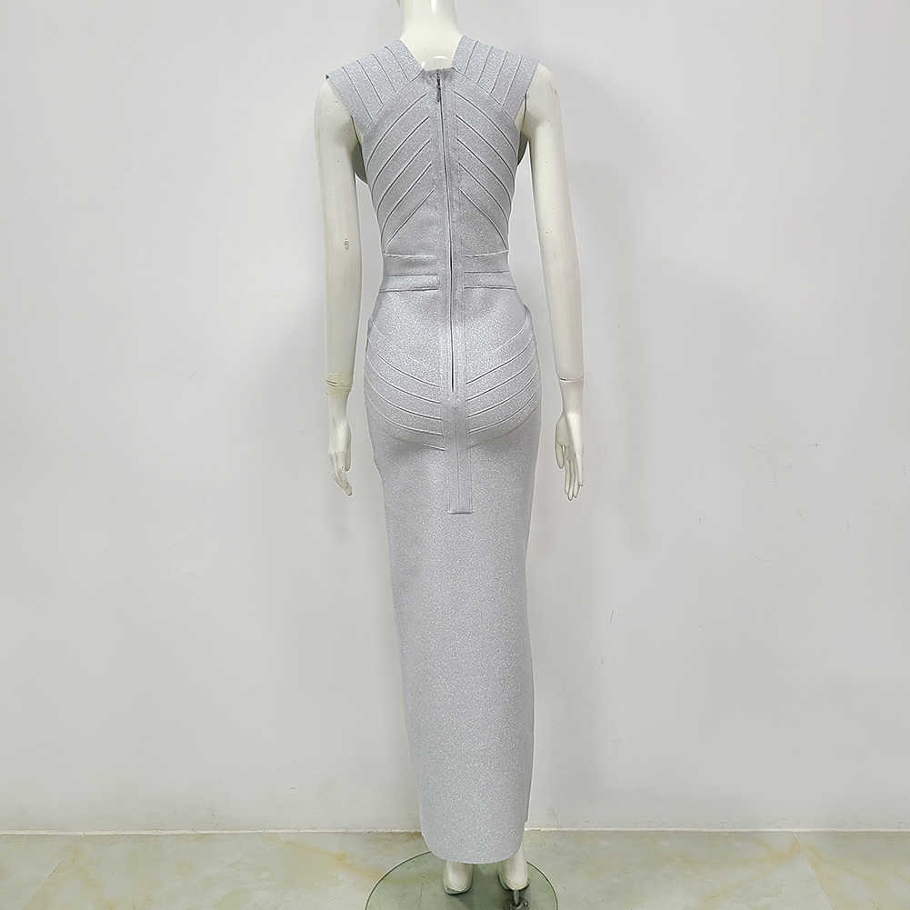 Women's High Quality Grey V-neck Sleeveless Tights Split Long Rayon Bandage Dress Sexy Party Vestidos 210525