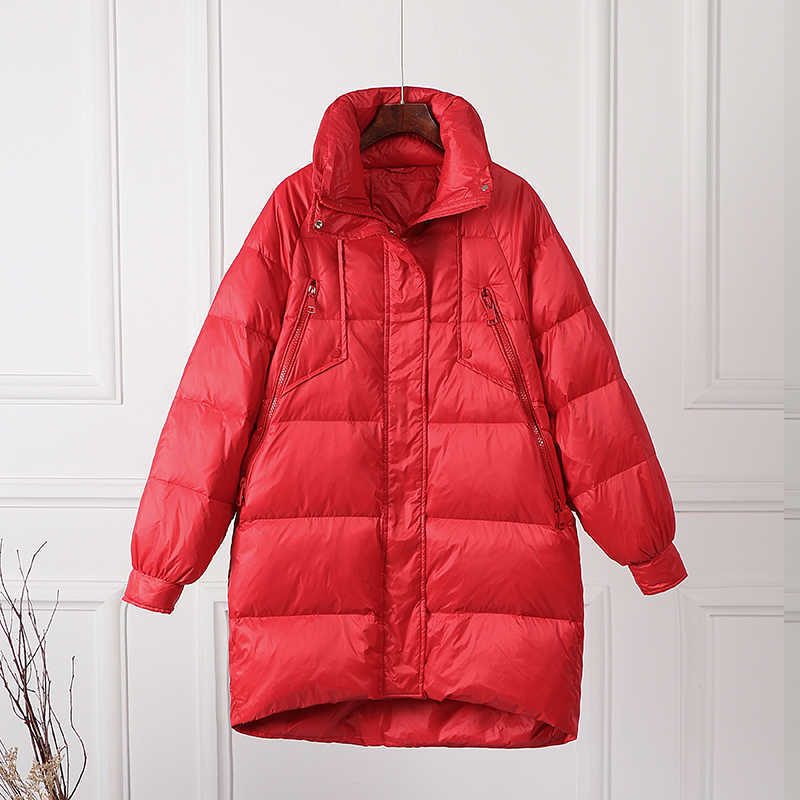Fitaylor White Duck Down Jacket Woman Stand Collar Long Coat Winter Loose Waterproof Down Overcoats Loose Parka Snow Outerwear 211007