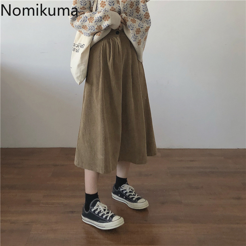 Nomikuma Vintage Solid Corduroy Skirt Korean High Waist A-line Midi-calf Skirts Causal Spring Faldas Mujer New 6F070 210427