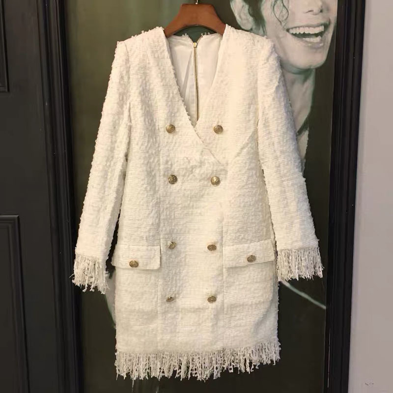 Autunm Winter White Dress Long Sleeves Sexy V-neck Split Bow Double Breastes Tassel Tweed Party Midi Wholesale 210421