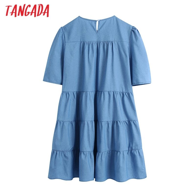 Women Blue Thin Denim Pleated O Neck Short Sleeve Ladies Vintage Mini Dress Vestidos BE436 210416