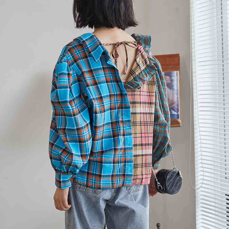 QoerliN Fall Contrast Color Plaid Shirt Women Retro Loose Casual Elegant Ruffles Blouse Ladies Shirt Fashion Lantern Sleeve Tops 210412