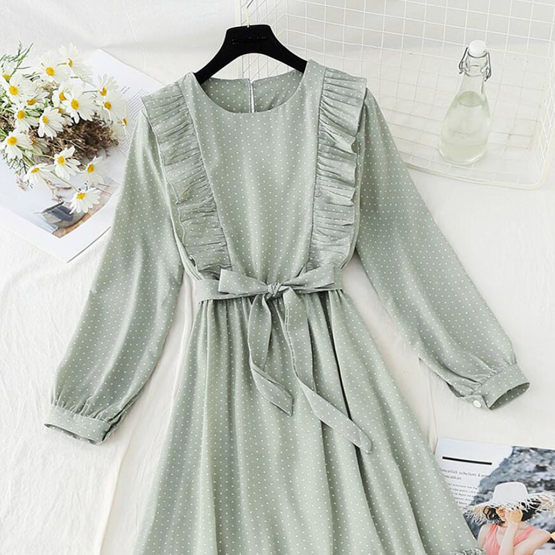 Vintage Polka Dot Print Dress Women Elegant Ruffle Chiffon Party Dress Long Sleeve O Neck Midi Dress Spring Summer Dresses 210521