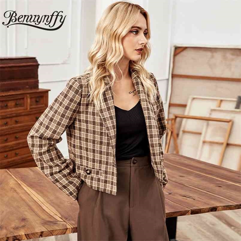 Notched Collar Single Button Plaid Tweed Blazer Women Autumn Long Sleeve Casual Office Woman Short Suit Coat 210510
