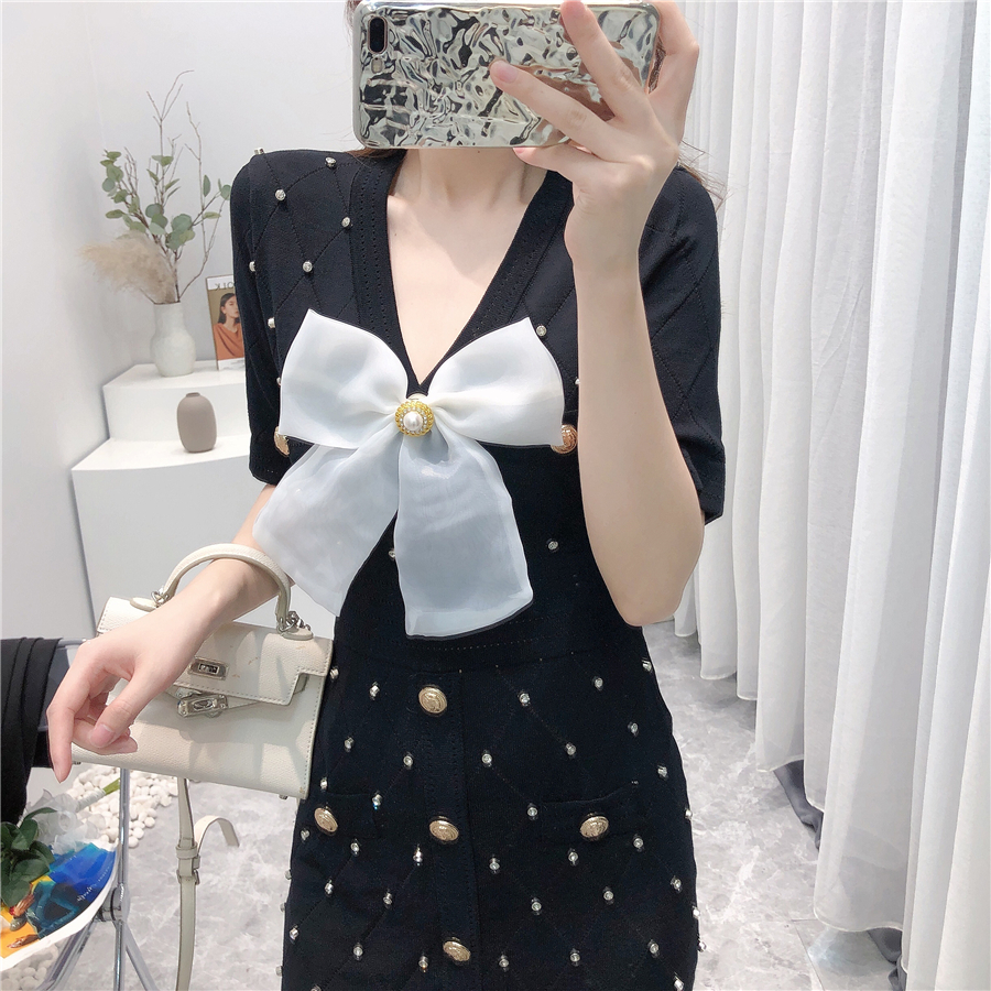New design womens summer v-neck short sleeve bow patchwork cute sexy bodycon tunic rhinestone knitted sweater dress