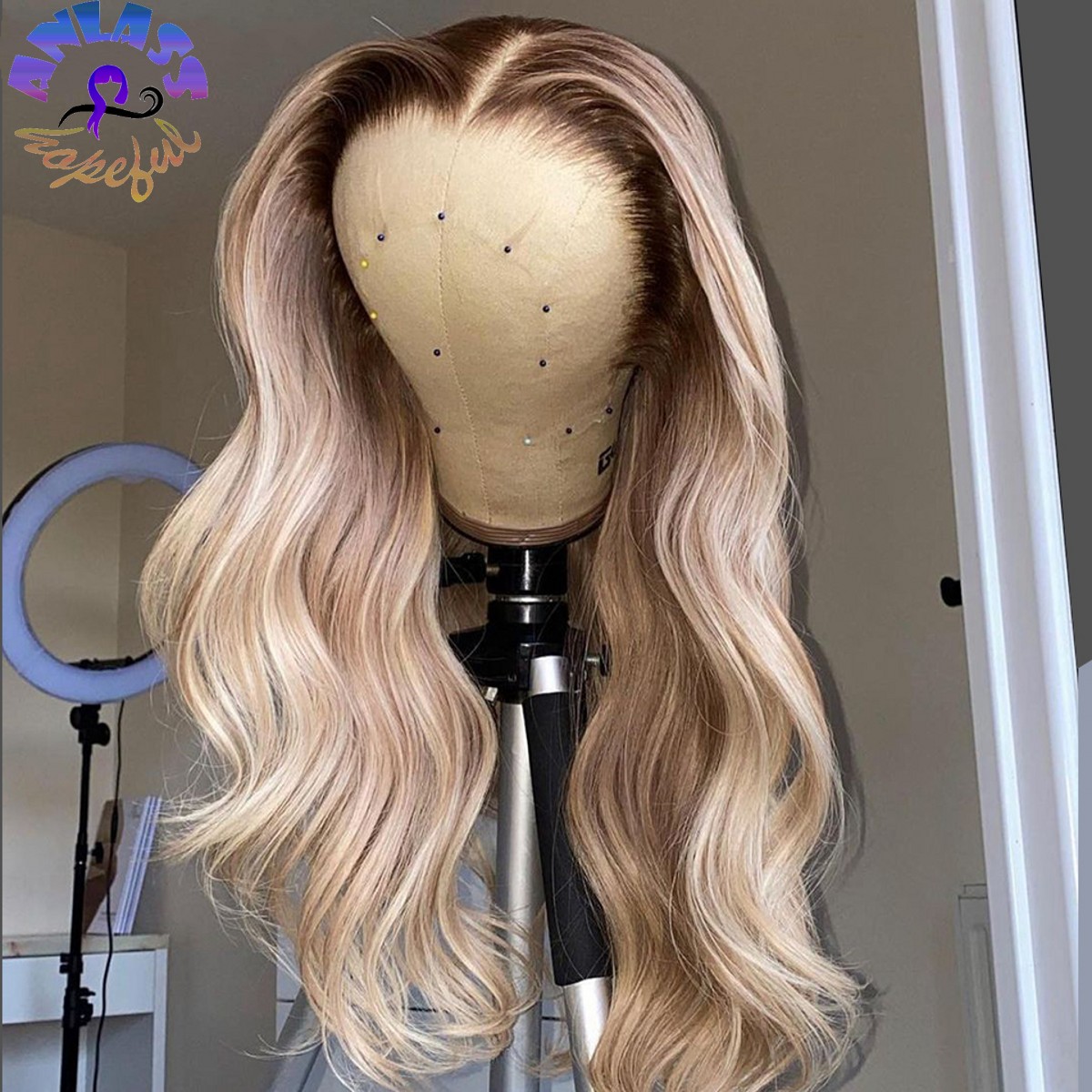 Ash Blonde Lace Front Wig With Brown Roots Heat Resistant Synthetic Ombre Body Wave Wigs For Black Women