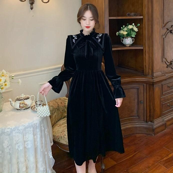 Women Dress A-Line Stand Collar Long Sleeve Mid-calf High Waist Slim Korean Fashion Vintage Autumn Woman Dresses Vestido Clothes Casual
