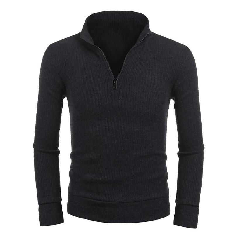 Men Stand Collar Long Sleeve 1/4 Zip Front Zipper Pullover Textured Casual Sweaters Men's