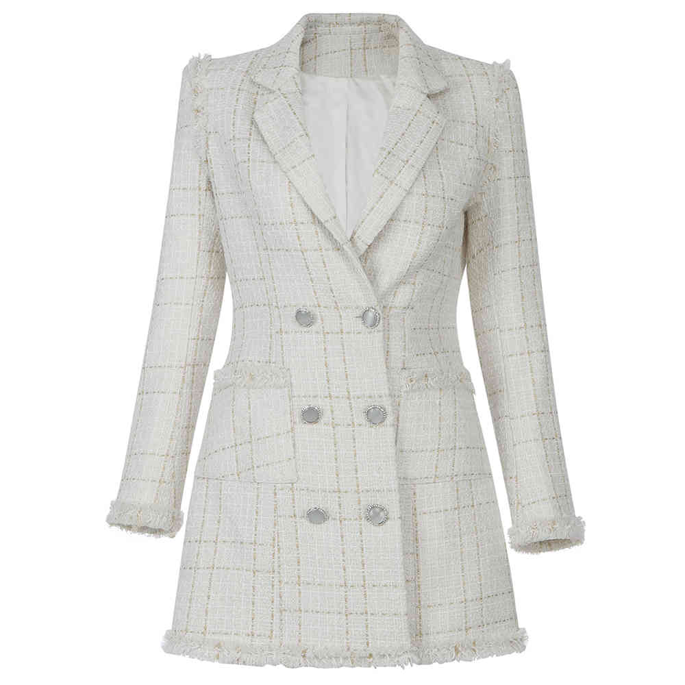 Gold Line Plaid Suit V-Neck Ladies Notched Double-Breasted Feather Tassel Trim Slim Sexy Party Tweed Coat 210525