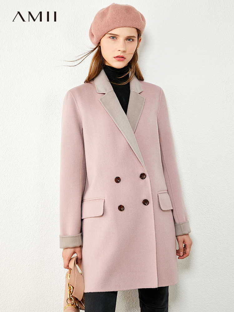 Minimalism Winter Fashion Coat Female 100%wool Lapel Double breasted Double-sided Woolen Women 12070524 210527