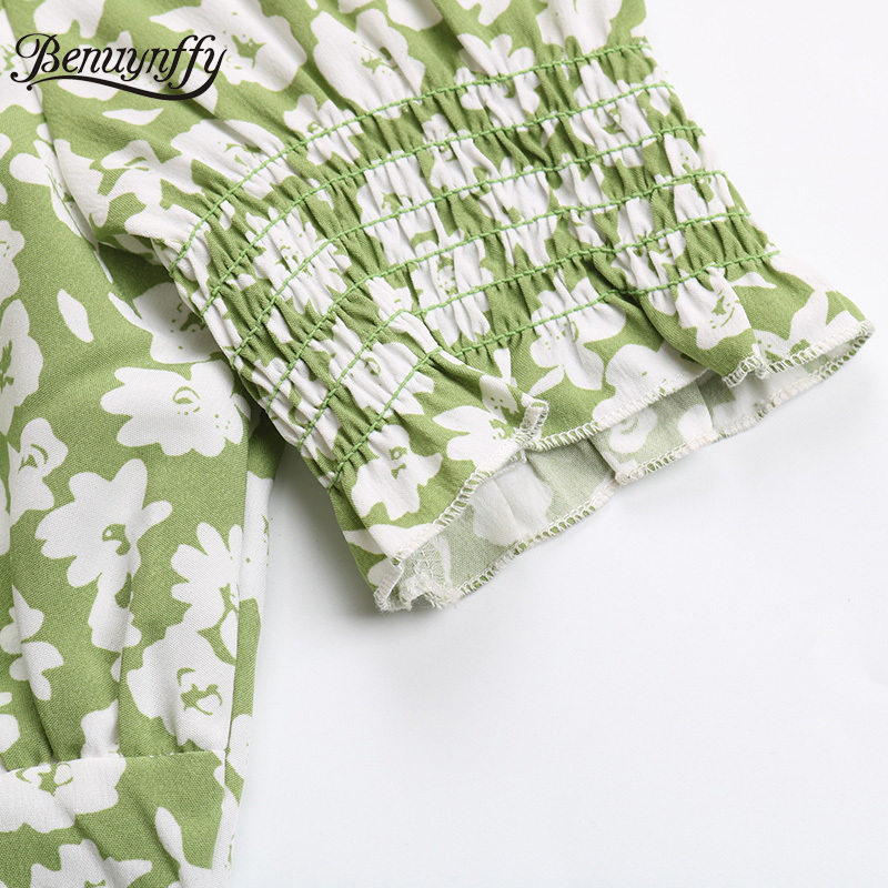 Square Collar Tie Front Print Summer Dresses Elegant French Style Women Short Sleeve Slim A-Line Mini Dress 210510