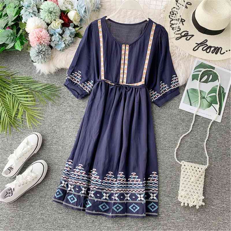 Embroidery Half Sleeve Vestidos Summer Autumn High Waist Women Dress Lace Up Bohemian Loose V Neck Midi Dresses 210521
