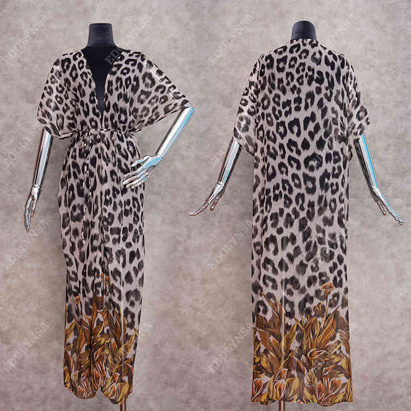 Sexy Leopard Bikini Cover-ups Bohemian Printed Long Kimono Cardigan Chiffon Tunic Women Beach Wear Swim Suit Cover Up Q951 210420