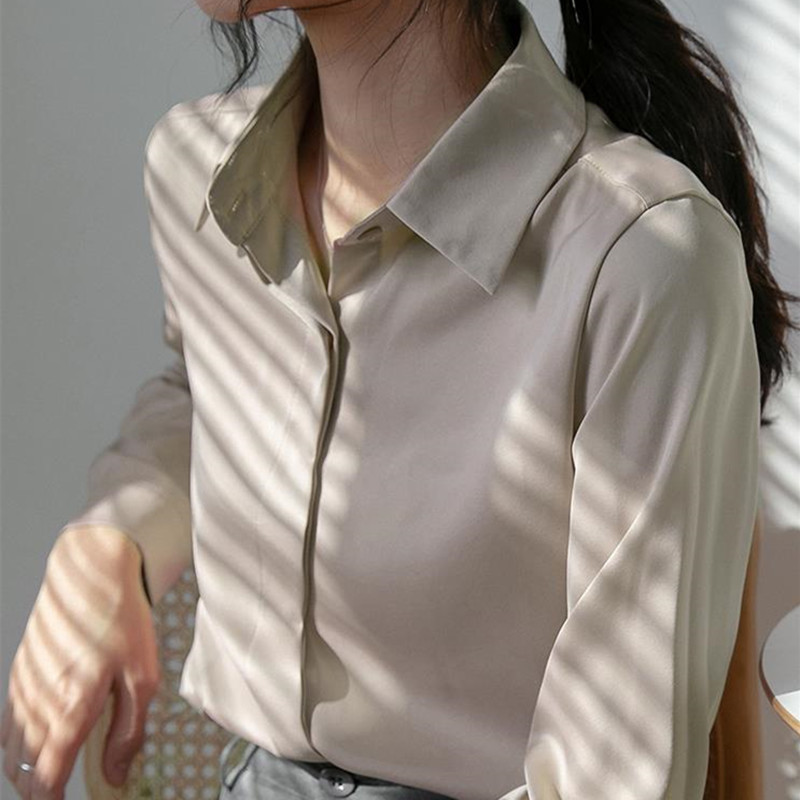 Spring Autumn OL Elegant Minimalist Satin Career Suit Shirt Women Chiffon Blouses Loose Lapel Long Sleeve Tops 210421