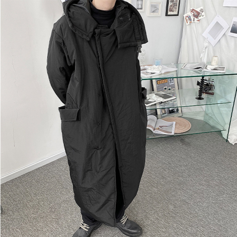 IEFB Men's black cotton padded jacket asymmetric Hooded winter long Coat loose casual oversize clothes zipper pockets 9Y4659 210524