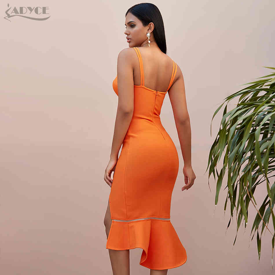 Summer Orange Mermaid Bodycon Bandage Club Dress Women Sexy Spaghetti Strip Split Celebrity Evening Party Dresses 210423