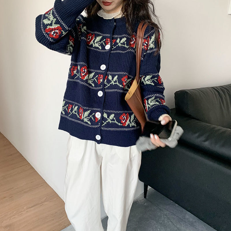 Spring Autumn OL Outwear Tops Rose Vintage Jacquard Sweater Coat Women Elegant Knitted Cardigan Sweaters Female 210421