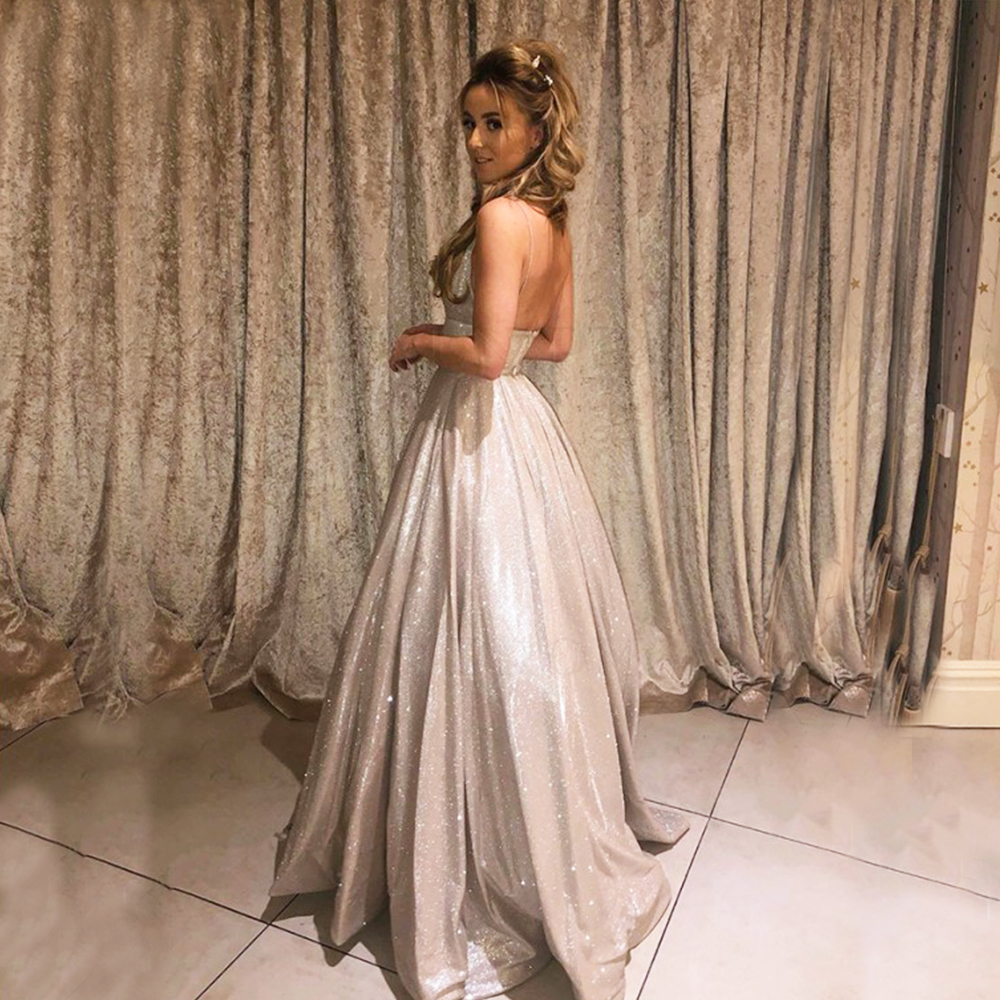 Vestidos de fiesta Sparkly Glitter Satin Prom Dress With Packets 2021 Spaghetti Strap A Line Lace Up Back Evening Dresses
