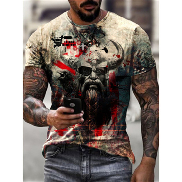 2021 t-shirt summer new menswear slim fit viking myth warrior print casual sports 3d t-shirti59v, White;black